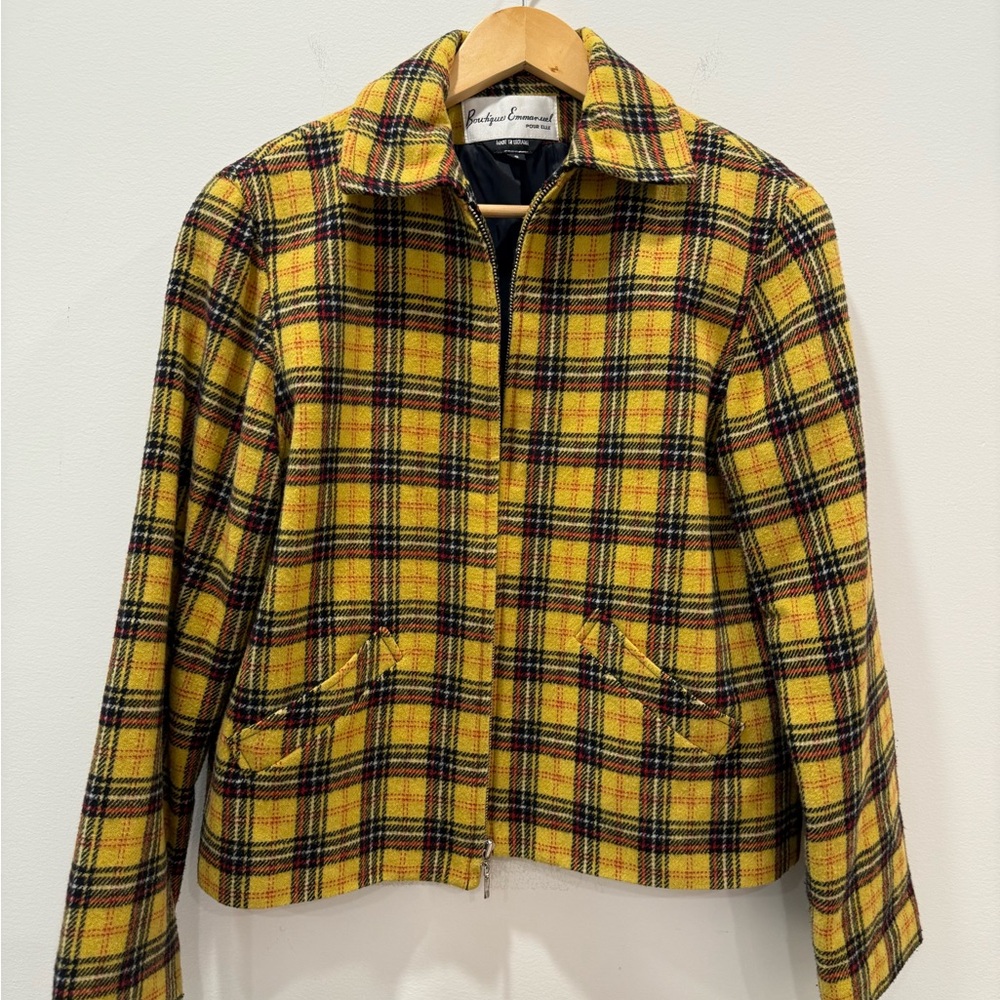 Vintage Boutique Emmanuel sz 6 Pour Elle Yellow Plaid Bomber Jacket Wool Blend
